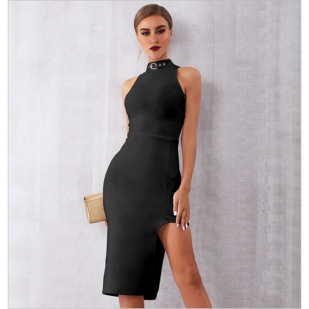 Black Halter Grommet Neckline Sexy Slit Bodycon Midi Cocktail Dress
